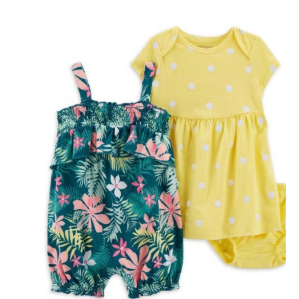 Carter's Baby Girl Romper and Dress Set, 100% Cotton, 2-Piece, Sizes 0-3 Months